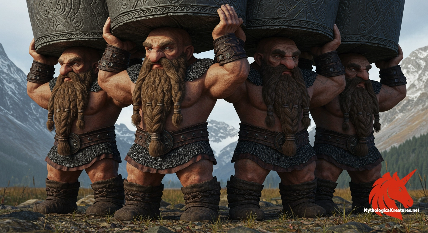 Austri, Vestri, Norðri and Suðri - They are crucial figures in Norse cosmogony, representing the order and structure of the universe by physically supporting the sky.