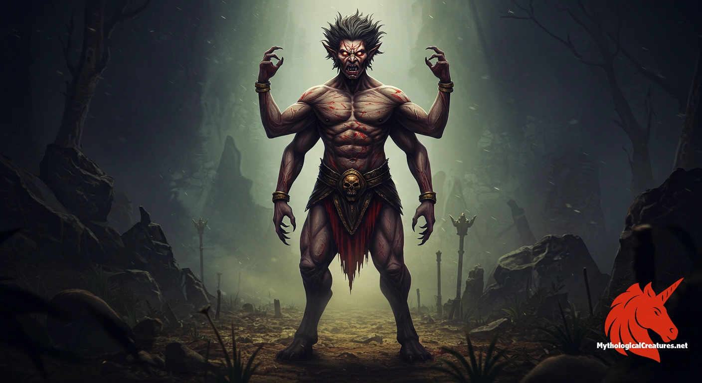 Bhandasura - Bhandasura’s defeat by the goddess Lalita underscores the triumph of divine feminine power over demonic forces and chaos.