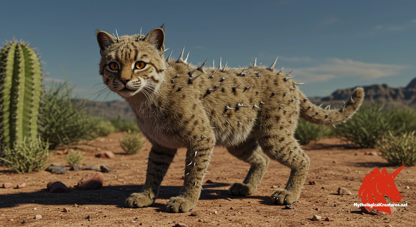 Cactus cat - Serves as a whimsical yet fearsome embodiment of the harsh desert environment, reflecting both natural ingenuity and mythical exaggeration.