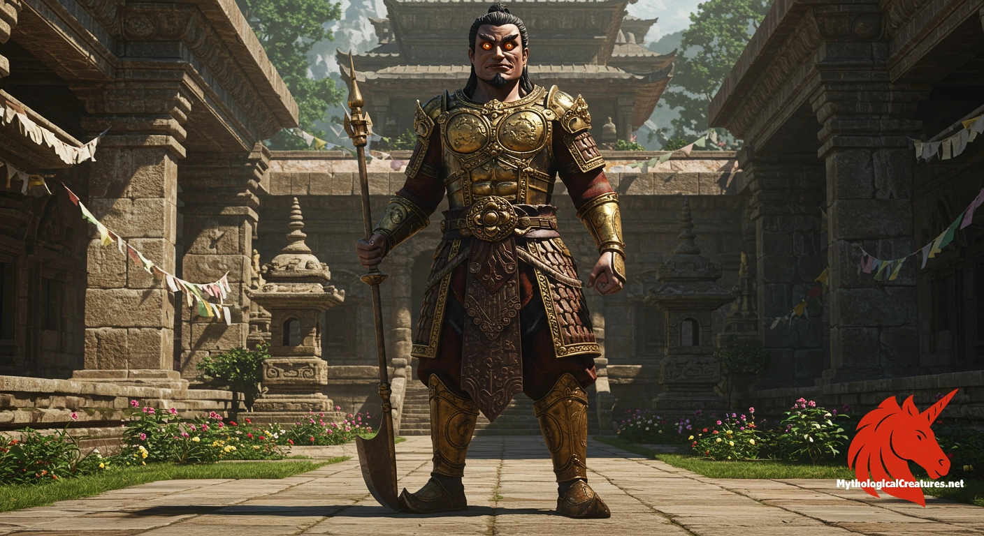 Dhṛtarāṣṭra - Revered as a celestial guardian, he upholds national order and defends the Buddhist realm from chaos.