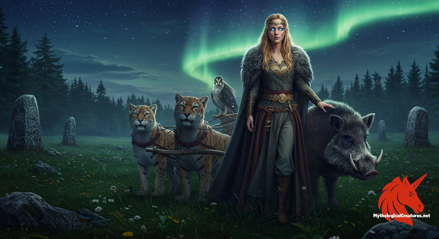 Freyja - A central figure in Norse mythology, Freyja embodies the dual forces of love and war while influencing both mortal affairs and divine destiny through her seidr magic.