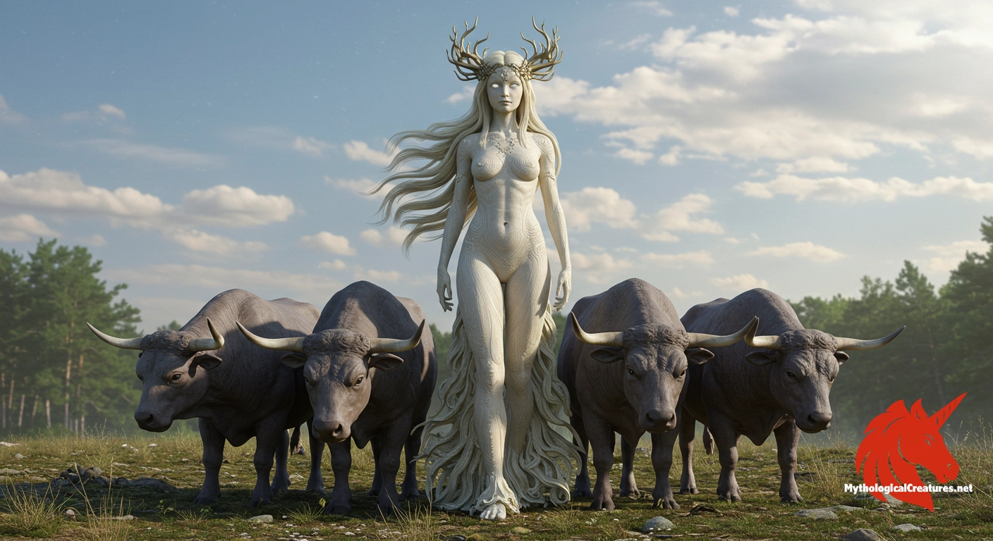 Gefjon - Central to Norse agricultural mythology; credited with the transformation of Lake Mälaren into the island of Zealand and associated with virginity and prophetic insight