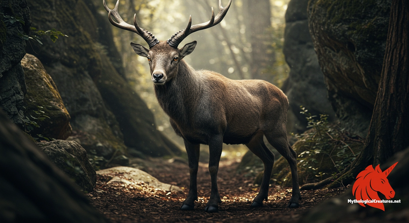 Hircocervus - Represents the fusion of attributes from two distinct animals, embodying both the vitality of the goat and the majesty of the stag.