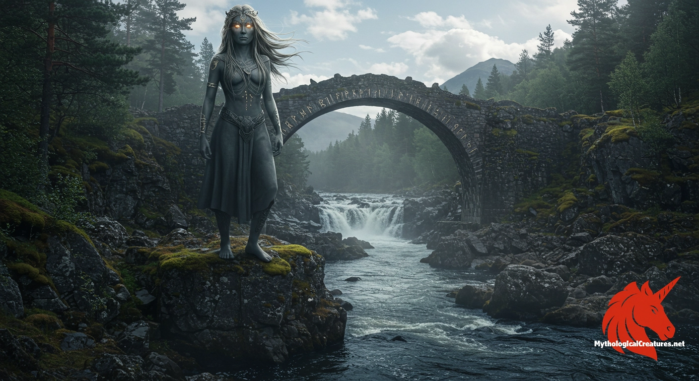 Móðguðr - Her role is crucial in maintaining the order between the realms of the living and the dead by regulating the passage across Gjöll. Móðguðr - Her role is crucial in maintaining the order between the realms of the living and the dead by regulating the passage across Gjöll.
