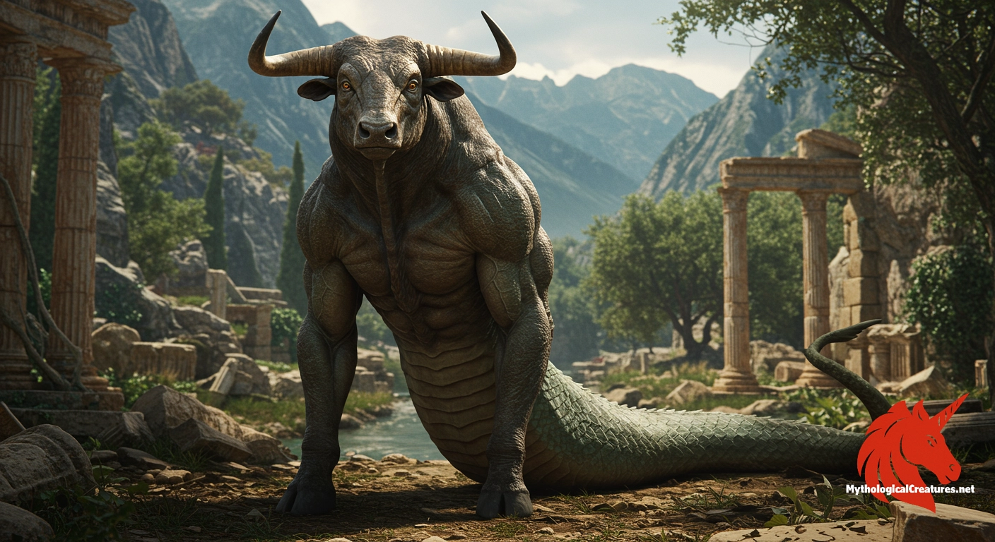 Ophiotaurus - The Ophiotaurus holds a pivotal prophetic significance in Greek mythology, where burning its innards was foretold to grant the power to defeat the gods during the Titanomachy.