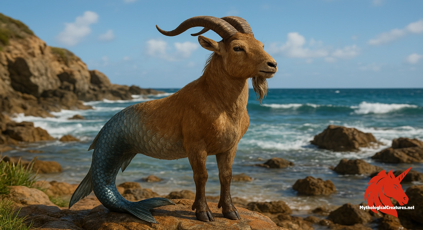 Sea goat - Represents the fusion of terrestrial and aquatic realms and is linked to the zodiac sign Capricorn, symbolising transition and balance.