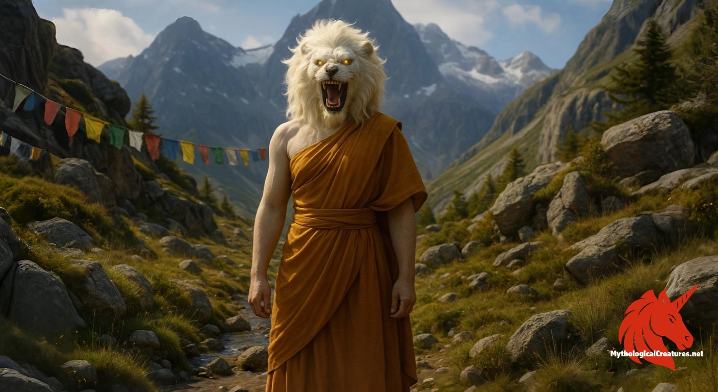 Simhamukha - Represents the accomplished female practitioner; her roar disperses discursive thoughts and averts magical attacks.