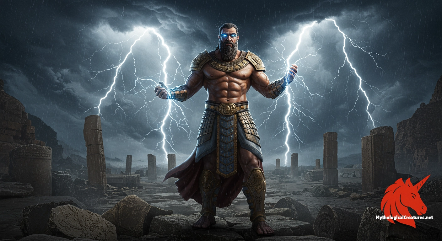 Teshub - Teshub is the Hurrian weather god and head of the Hurrian pantheon, renowned for his control over wind, thunder, and lightning. He is typically depicted as an armed, bearded figure wielding divine weapons and driving a bull-drawn chariot. His dual nature as both a protector and a destroyer embodies the unpredictable forces of nature.