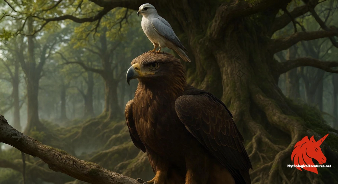 Veðrfölnir and eagle - The unique placement of Veðrfölnir atop the unnamed eagle, both stationed on Yggdrasil, underscores themes of inter-realm communication and the balance between opposing cosmic forces. Veðrfölnir and eagle - The unique placement of Veðrfölnir atop the unnamed eagle, both stationed on Yggdrasil, underscores themes of inter-realm communication and the balance between opposing cosmic forces.